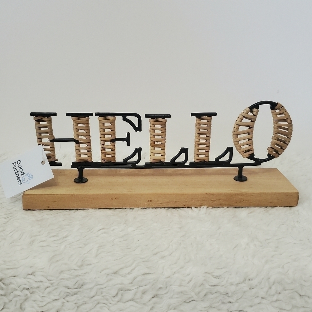 NWT Sonoma "Hello" Rattan Pine Wood Black Steel Table Home Decor